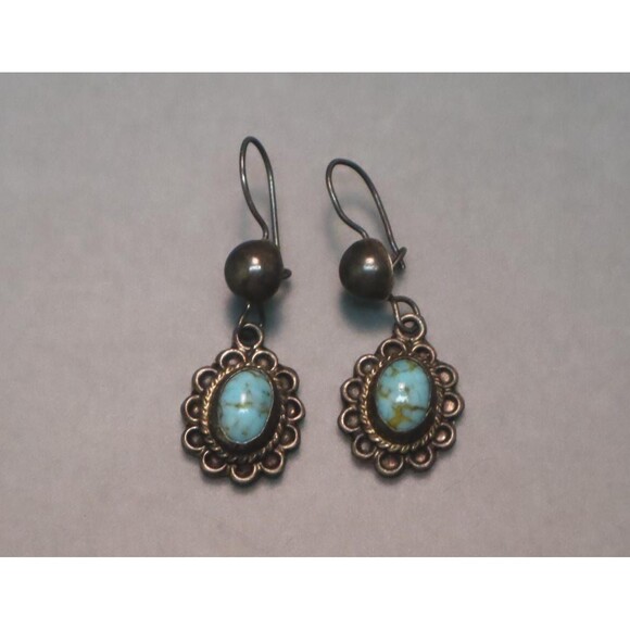 Vintage Sterling Turquoise Dangle Earrings FCP Mexico - Picture 1 of 5
